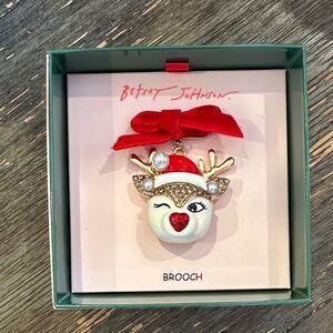 Betsey Johnson Red White and Gold Winking Reindeer Brooch